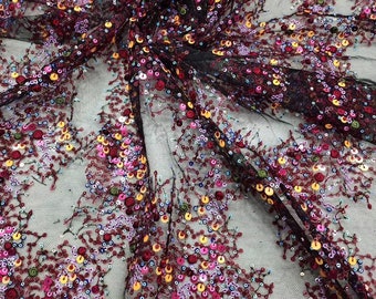 Colorful Sequin Embroidery Lace Fabric, Floral Pattern, By The Yard