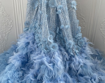 Feather Lace Fabric, Embroidery with Beads, Floral Wedding Dress Material