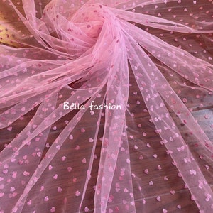 New fashion pink tulle lace fabric for girls , Lace fabric with Pink heart glitter , Birthday Dress, Prom Gown