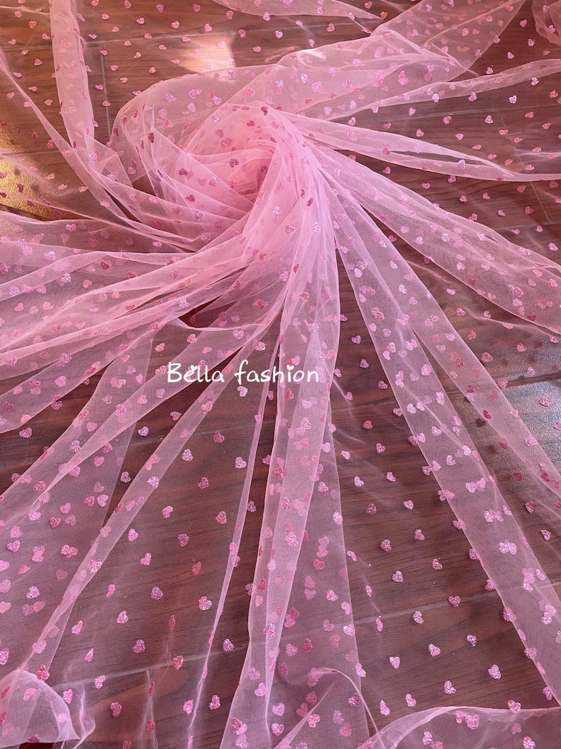 Prom Gown New fashion pink tulle lace fabric for girls Lace fabric with Pink heart glitter Birthday Dress