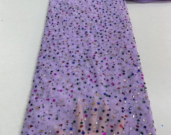 Rhinestone Beaded Tulle Lace Fabric, Embroidered Floral, 5 Yards