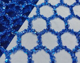 Sequin & Bead Lace Fabric - Royal Blue Floral Embroidery, 50" Wide