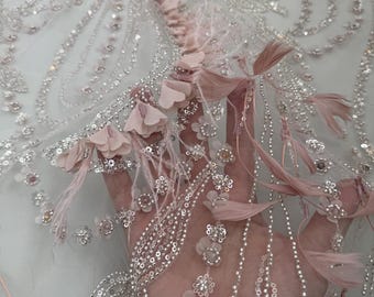 Feather & Sequin Lace Fabric, Haute Couture Wedding Dress Material