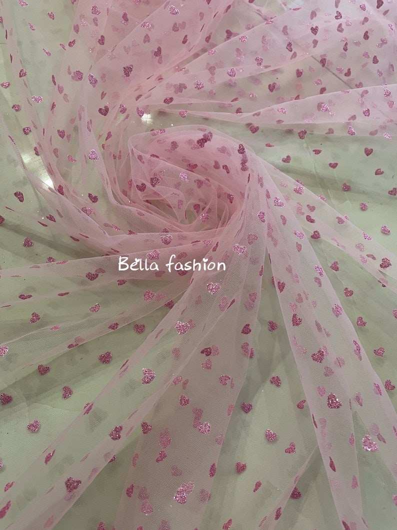 Prom Gown New fashion pink tulle lace fabric for girls Lace fabric with Pink heart glitter Birthday Dress