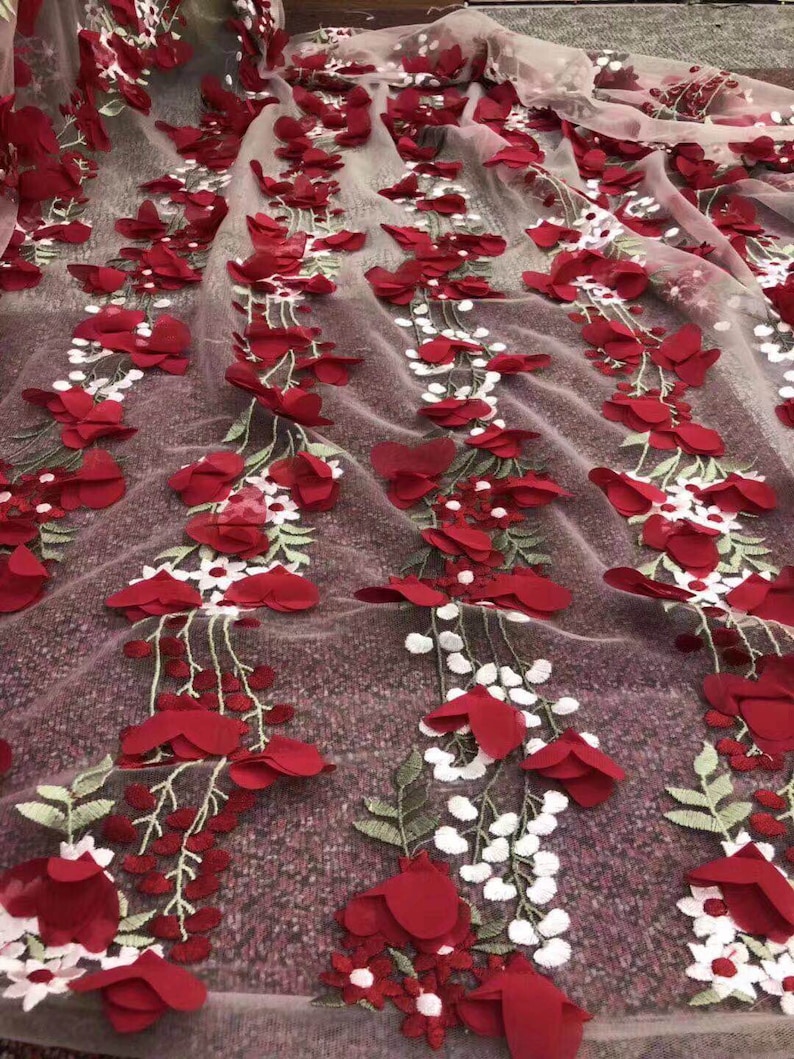 Bridal lace fabric Embroidery lace fabric 3D fashion lace fabric Red flower lace fabric