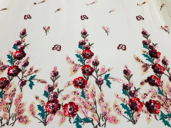 Red Flower Sequins Lace Fabric, Embroidery Floral Mesh, Beaded