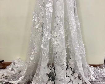 3D Flower Embroidery Lace Fabric, Beaded Mesh, Wedding Dress Fabric
