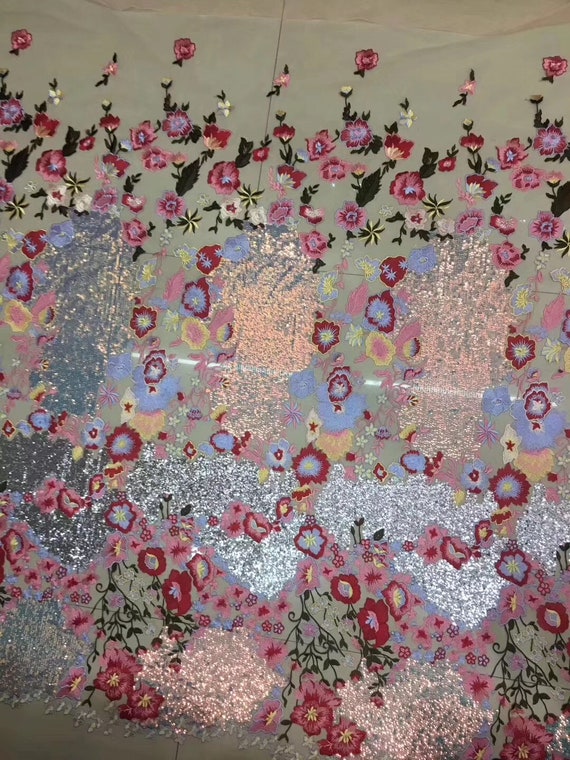 Sequin Floral 3D Lace Fabric, Embroidered Mesh, Fashion Show Dress