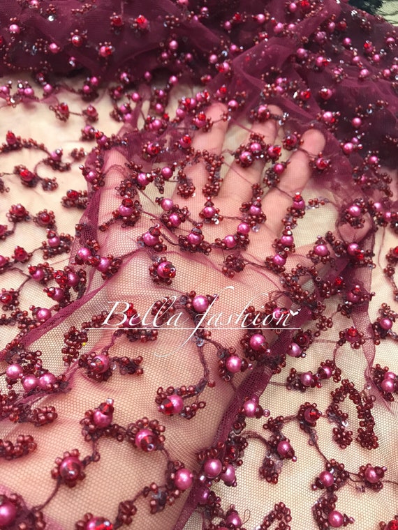 Wine Beaded Lace Fabric, Wedding Dress Lace, Sequins, Floral Embroidery