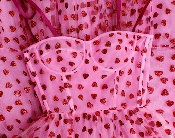 Nueva moda, tela de encaje rosa con corazón rojo brillante, precioso encaje rosa, vestido de fiesta/vestido de cumpleaños, vestido de graduación