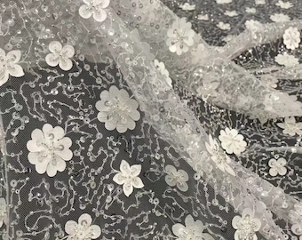 3D Beaded Flower Lace Fabric, Elegant Wedding Dress Material
