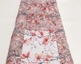 3D Flower Lace Fabric, Sequins and Beads, Bridal Dress Fabric