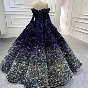 Navy Blue Sequins Velvet Lace Fabric, Bling Christmas Dress
