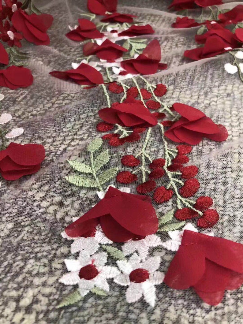 Bridal lace fabric Embroidery lace fabric 3D fashion lace fabric Red flower lace fabric
