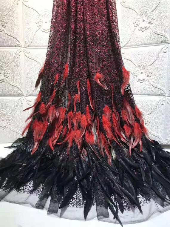 christmas dress material Feather Lace Fabric, Glitter Christmas Dress Fabric, 5 Yards