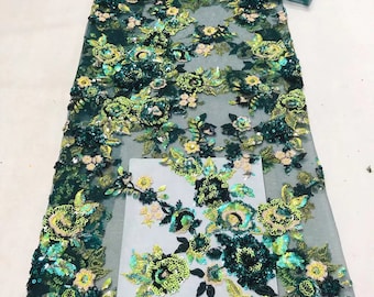 3D Sequins Floral Lace Fabric, Colorful Embroidery, Wedding Dress Material