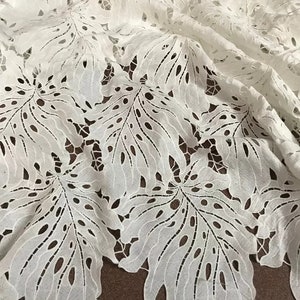 Pure White Leaves Guipure lace fabric, White Embroidered lace, Wedding Lace, Bridal lace, White Lingerie Lace
