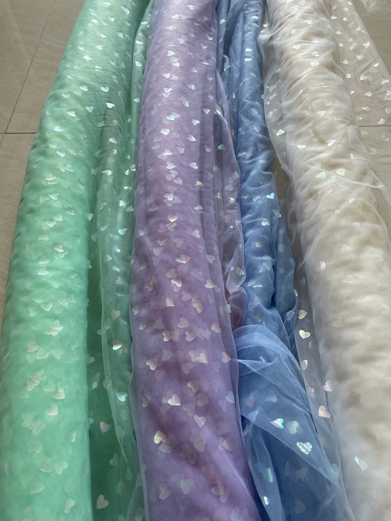 Fashion green tulle lace fabric Shinning colorful heart image 4