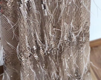 Sequin Lace Fabric with Feathers, Luxury Wedding Dress Fabric