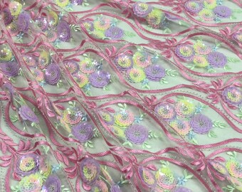 3D Flower Lace Fabric with Sequins, Pink Purple Yellow, Wedding Dress Lace