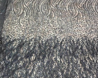 Feather Embroidery Lace Fabric with Sequins, Floral Pattern