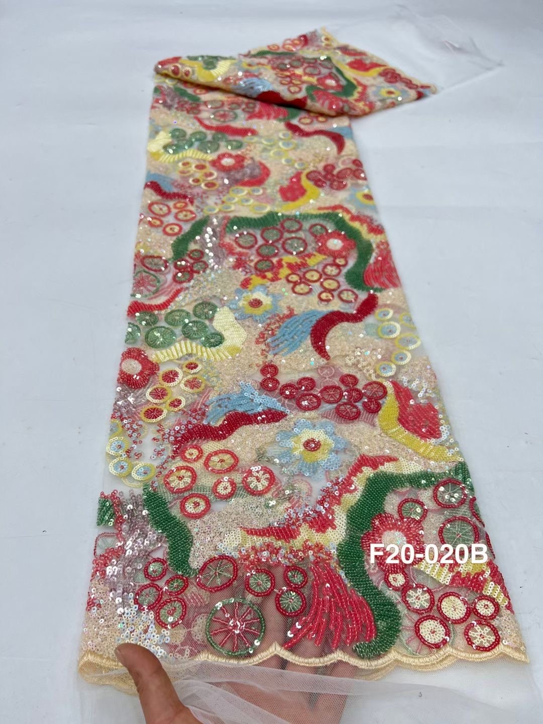 Beaded Floral French Lace with Sequins on Soft Mesh Tulle – Multicolor Embroidered Detailing