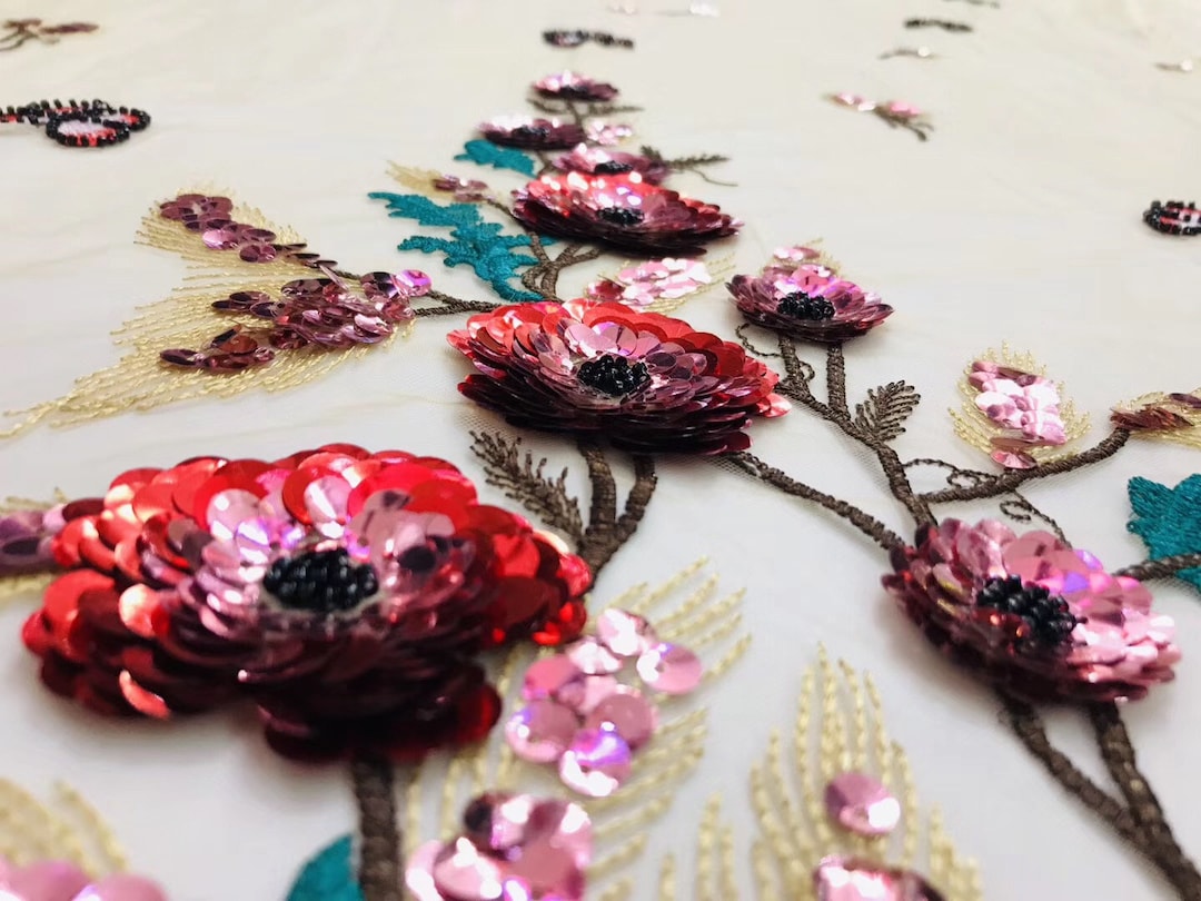 Red Flower Sequins Lace Fabric, Embroidery Floral Mesh, Beaded