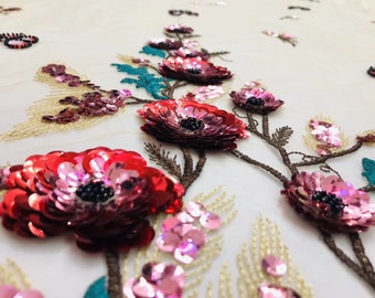 Red Flower Sequins Lace Fabric, Embroidery Floral Mesh, Beaded Tree Design