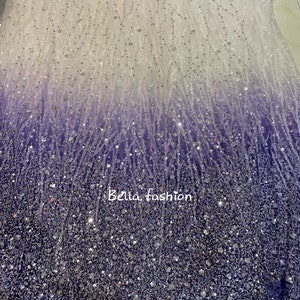 Fashion Gorgeous fabric in modern design, white tulle fabric with shiny sequins and beads in silver and purple color