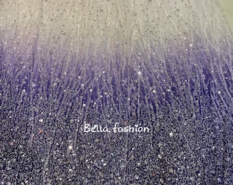 Sequined Tulle Fabric, Silver & Purple Beads, 5 Yards