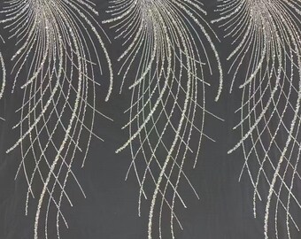 White Sequined Lace Fabric, Floral Embroidery, Scalloped Border