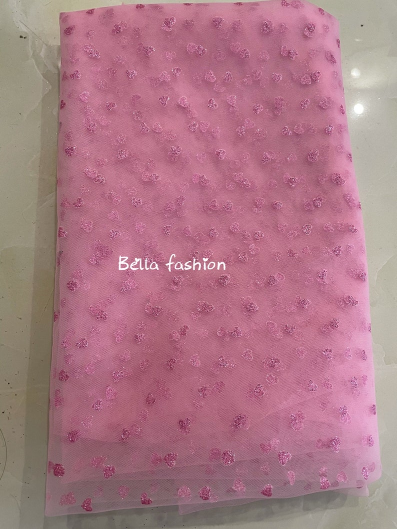 Prom Gown New fashion pink tulle lace fabric for girls Lace fabric with Pink heart glitter Birthday Dress