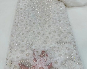 3D Flower Lace Fabric, Sequins, Beads, Pearls, Embroidery