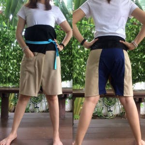 Short Patchwork pants, Thai fisherman pants with 1 pocket, free size (see detail).(No.8)