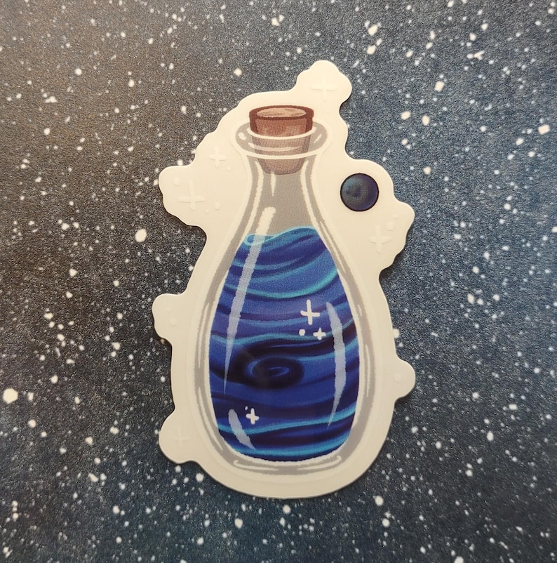 May include: A sticker featuring a potion bottle with a cork stopper. The bottle contains swirling blue liquid with white star accents. The sticker has a white border and is set against a dark blue speckled background.