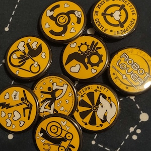 Robots and Tech || 1.25" buttons || Robotlover || set 1 || robots, machinery, computers || caution sign parody