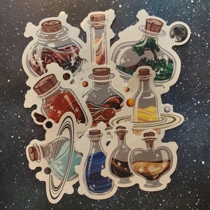 May include: A collection of fantasy-themed stickers featuring various potion bottles with cork stoppers. The bottles contain colorful liquids, planets, and miniature landscapes. The stickers have a white border and are set against a starry background.