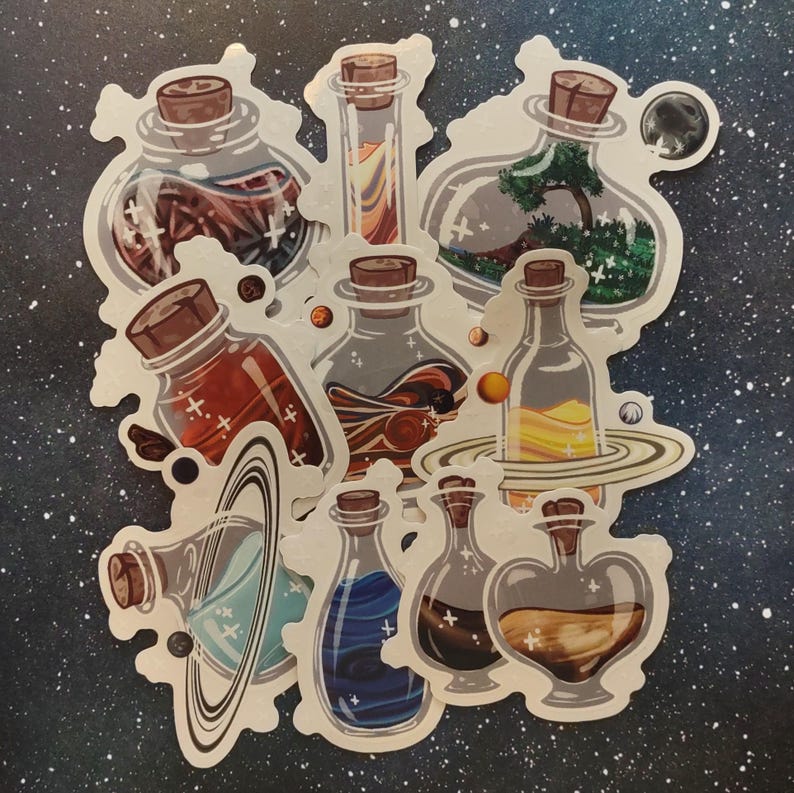 May include: A collection of fantasy-themed stickers featuring various potion bottles with cork stoppers. The bottles contain colorful liquids, planets, and miniature landscapes. The stickers have a white border and are set against a starry background.