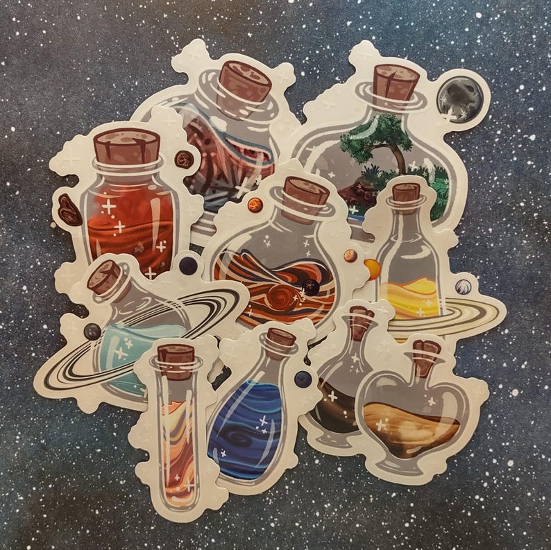 May include: A collection of stickers featuring various potion bottles with cork stoppers. The bottles contain colorful liquids and designs, including planets, trees, and swirling patterns. The stickers are on a starry background.