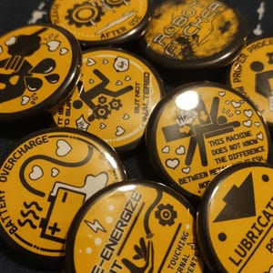 Robots and Tech || 1.25" buttons || robotf*cker || set 2 || robots, machinery, computers || caution sign parody