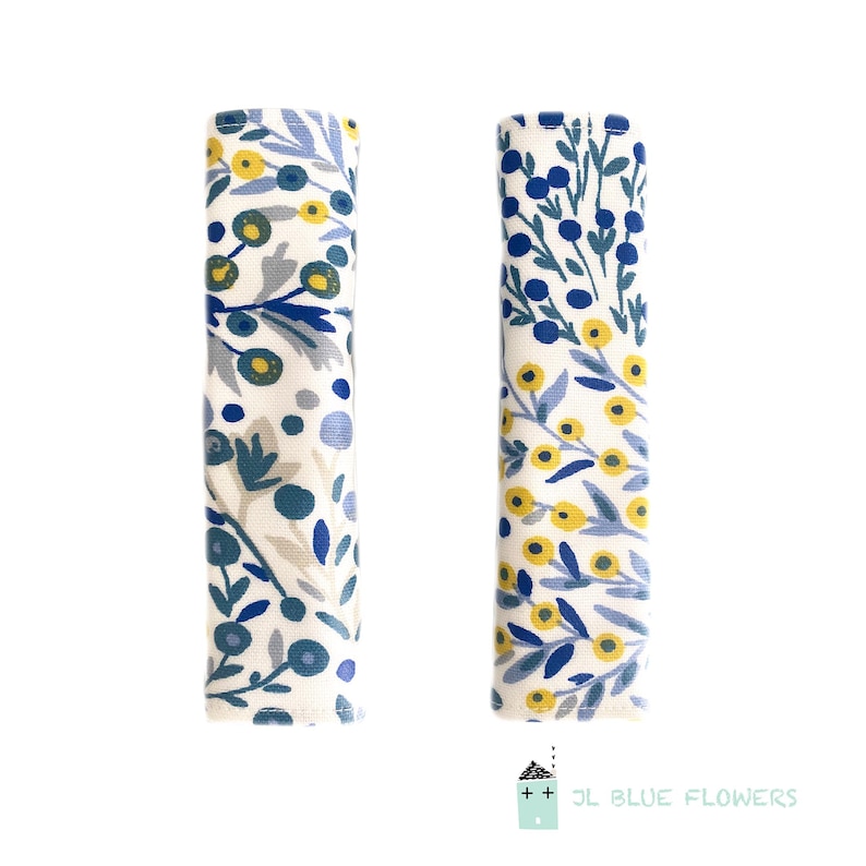 Highchair strap covers, oilcloth straps, wipeable pram straps, flexa highchair, Koo-di Duo, pram suck pads, carseat straps, stokke pushchair JL Blue Flowers