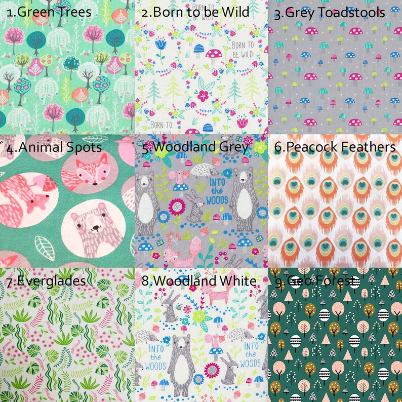 May include: Nine fabric swatches with various patterns. Designs include green trees, floral arrangements with text "Born to be Wild", grey toadstools, animal spots, woodland scenes, peacock feathers, Everglades, woodland white, and geo forest.