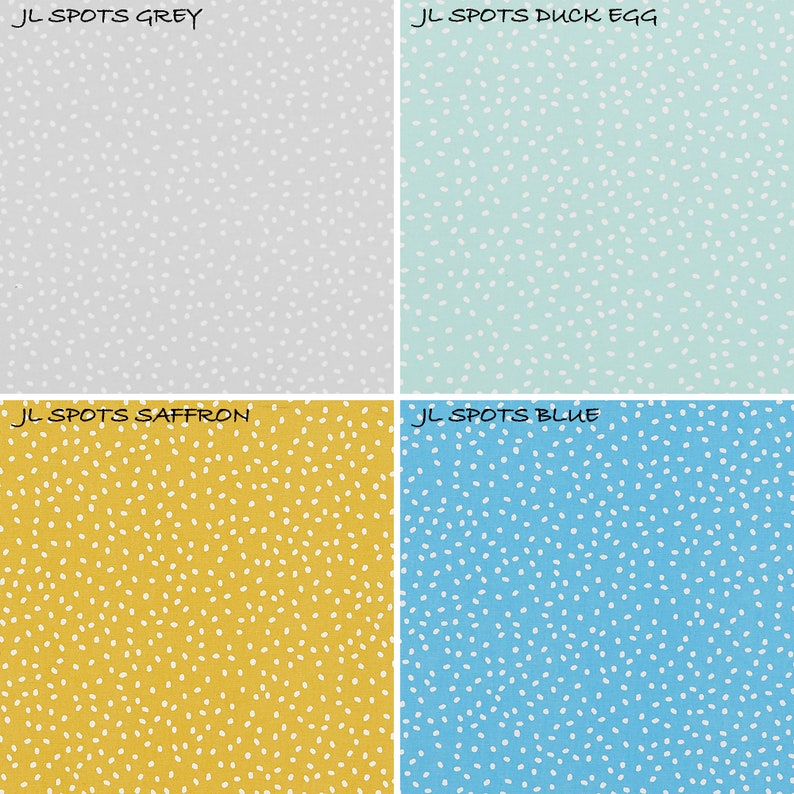K&ouml;nnte beinhalten: Ein Vier-Quadranten-Raster aus Stoffmustern mit einem wei&szlig;en Punktmuster. Oben links JL SPOTS GREY, oben rechts JL SPOTS DUCK EGG, unten links JL SPOTS SAFFRON und unten rechts JL SPOTS BLUE, in den Farben Grau, Hellgr&uuml;n, Gelb und Blau.