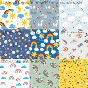 May include: A collage of 18 different fabric patterns featuring various themes, including rainbows, clouds, stars, animals, and bubbles. The patterns are arranged in a grid of six rows and three columns. Each pattern is labeled with a number and a short description.