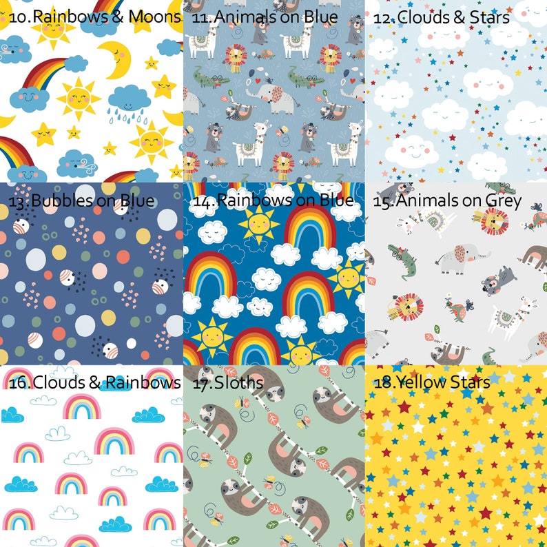 May include: A collage of 18 different fabric patterns featuring various themes, including rainbows, clouds, stars, animals, and bubbles. The patterns are arranged in a grid of six rows and three columns. Each pattern is labeled with a number and a short description.