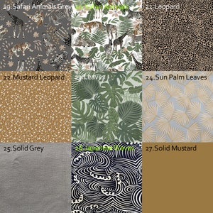 May include: A collage of fabric swatches featuring various patterns, including safari animals, leaves, leopard print, and solid colors like grey and mustard.