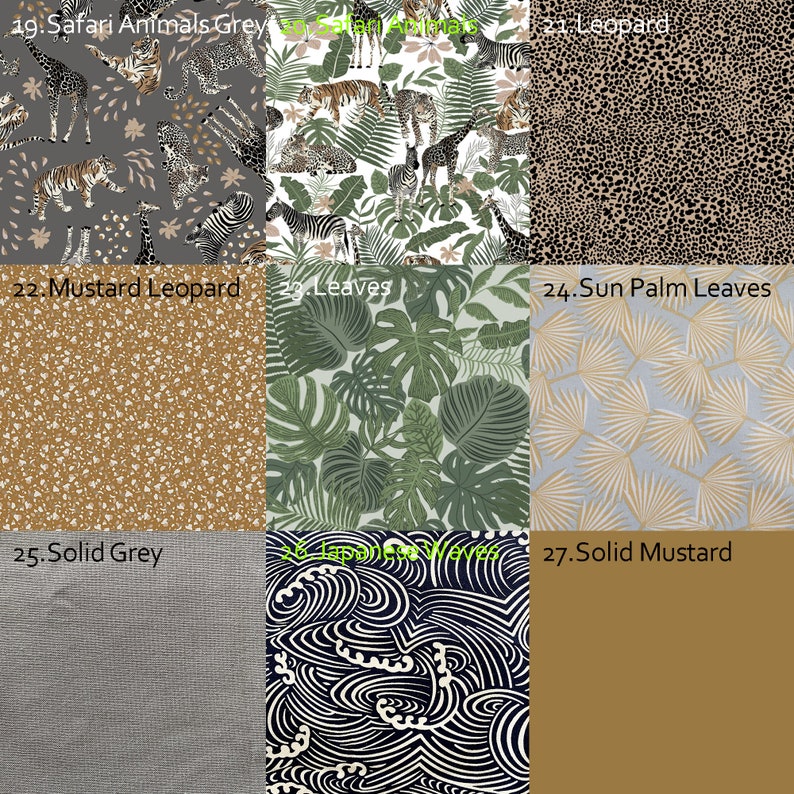 May include: A collage of fabric swatches featuring various patterns, including safari animals, leaves, leopard print, and solid colors like grey and mustard.