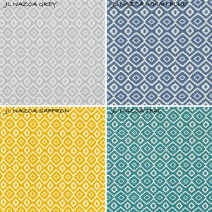 K&ouml;nnte beinhalten: Ein viergeteilter Raster aus Stoffmustern mit einem sich wiederholenden geometrischen Rautenmuster. Oben links steht JL NAZCA GREY, oben rechts JL NAZCA INDIAN BLUE, unten links JL NAZCA SAFFRON und unten rechts JL NAZCA TEAL.