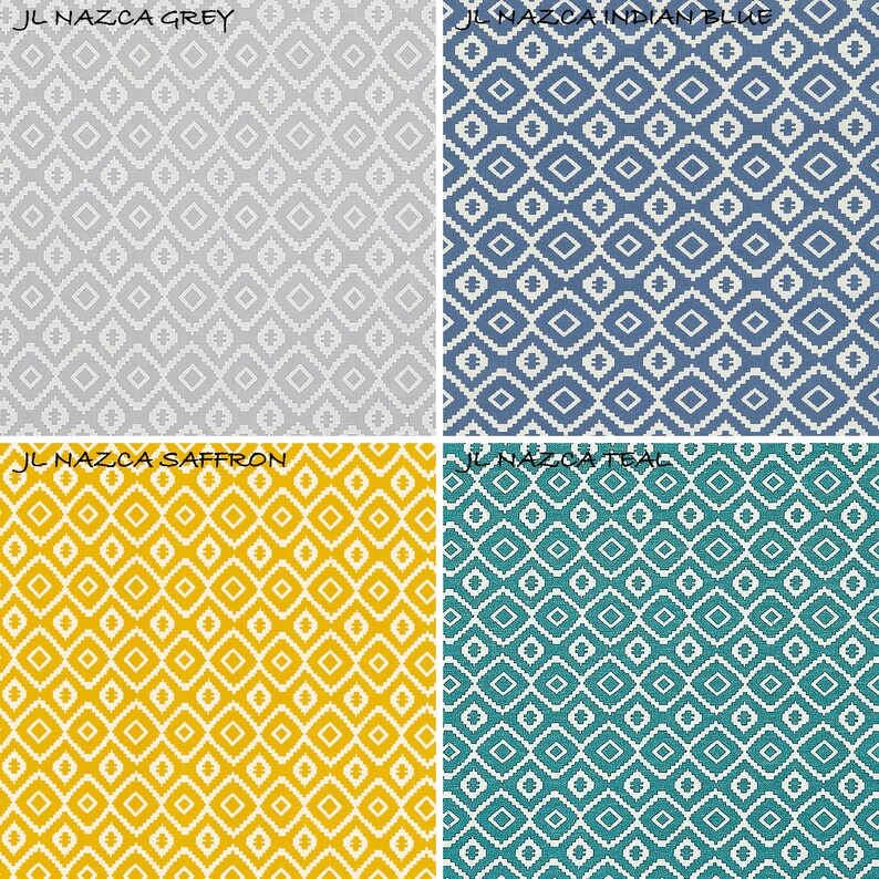 K&ouml;nnte beinhalten: Ein viergeteilter Raster aus Stoffmustern mit einem sich wiederholenden geometrischen Rautenmuster. Oben links steht JL NAZCA GREY, oben rechts JL NAZCA INDIAN BLUE, unten links JL NAZCA SAFFRON und unten rechts JL NAZCA TEAL.