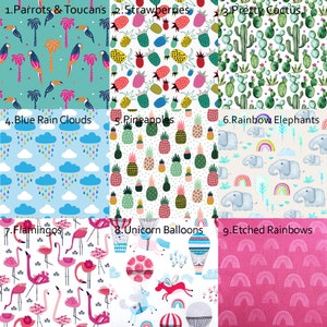 May include: A collage of nine different fabric patterns featuring various designs, including parrots and toucans, strawberries, cacti, rain clouds, pineapples, rainbow elephants, flamingos, unicorn balloons, and etched rainbows.